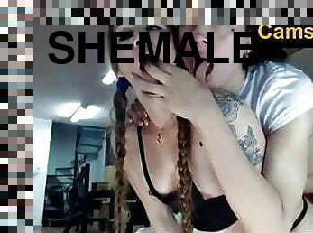 Guy shemale and girl doing threesome