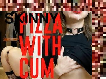 Skinny hotwife gets cum in mouth from pizza delivery guy, then eats pizza!