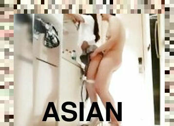 Asian Ladyboy fucked in the ass standing like a ts whore