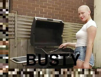 Busty bald girl with hairy pussy and armpits masturbates outdoors