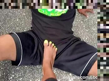 Ebony Domme Ballbusting In Public On Her Foot Fetish Slave - POV