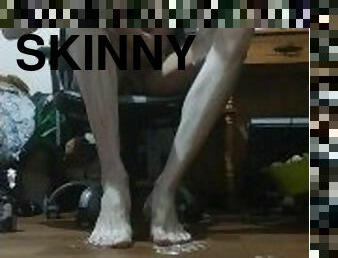 Covering my skinny legs and feet with shaving cream