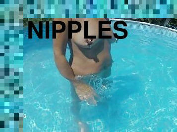nippleringlover swimming naked in pool under water big pierced nipples & big pussylip piercing rings