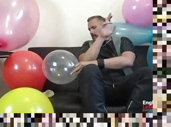 English Leather Master smokes cigars and jerks while blowing and popping balloons PREVIEW