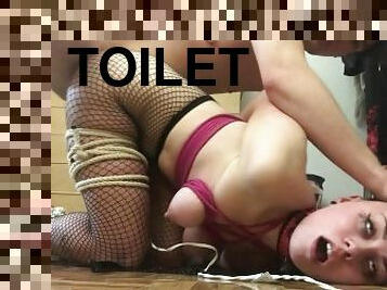 EXTREME Rough Facefuck & Bound Doggystyle (cum on toilet lid)