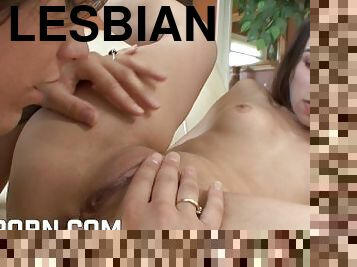 Hot lesbians brunette girls licking their wet pussy on sofa