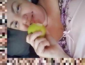 Apple insertion into my tight shaved pussy