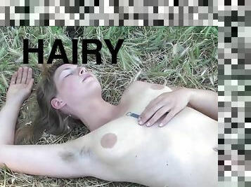 Blonde Hairy Babe has Intense Orgasm in Nature