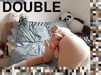 Cumming hard from double dildo penetration