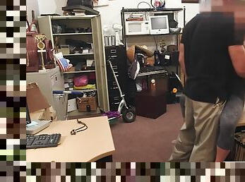 Tight tramp drilled by pawn dude in the back office