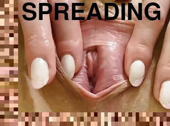 Wide open pink creamy pussy close up! Big labia