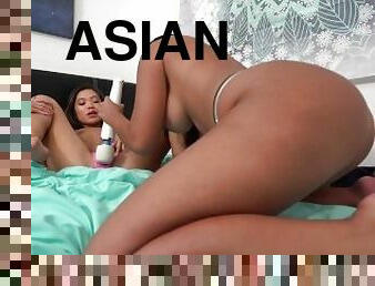 asiatisk, onani, skønheder, lesbisk, massage, synsvinkel, lille, fanget