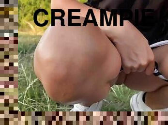 Horny Tall Brunette Girl Pissing before Rough Riding and Giant Pussy Creampie