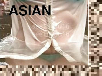 asiatisk, onani, udendørs, offentlig, kone, amatør, japans, synsvinkel, blotter, våd