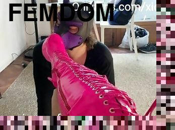 Puppy play - Human dog sniffing my new boots - Pet play training - Tight high boots and heels worshi