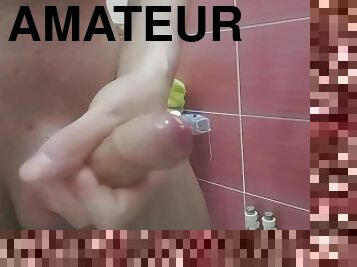 jerking off shaved dick in bathroom
