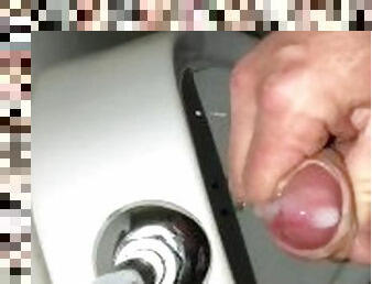 Risky Public Washroom Masturbation Pissing and Cumming into a Urinal