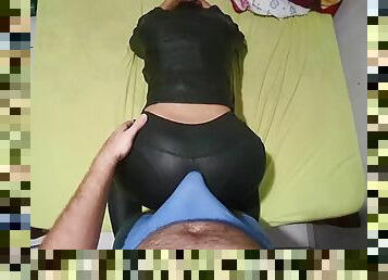 Dry fucking in a full leather outfit, leather leggings, ass cumshot in pants