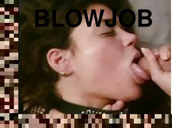 Latina cumslut wearing a collar giving sloppy blowjob, taking long dick deep down throat