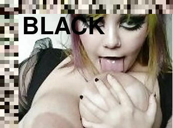 Goth girl sucks on her own tits black lipstick