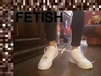Nike Air Force 1. Tie the 2 laces together, walk, tear. Fetish video made by a sneaker lover boy