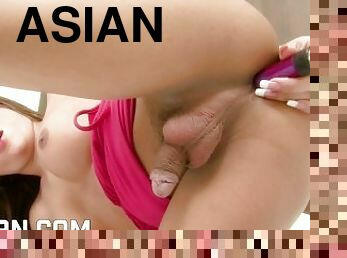 Hot asian ladyboy 18yo masturbate her ass with dildo and has a nice cumshot