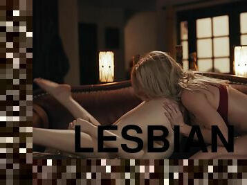 Charlotte Stokely and Serene Siren licking on leather couch