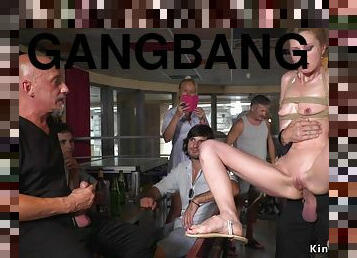 Babe anal hardcore gangbanged in public bar