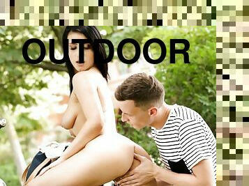 Rear fingering and oral sex by scooter in the park