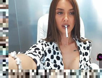 Beautiful Busty Italian Model Smokes and Masturbates on Webcam