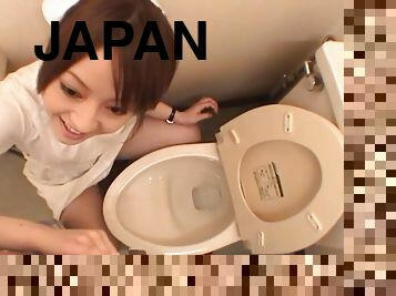 sygeplejerske, pikslikkeri, hardcore, japans, par, synsvinkel, toilet, påklædt-sex, pik