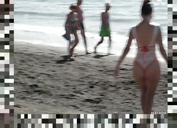 Naughty Russian MILF in Spain at the beach in see thru swimsuit - After beach - Public