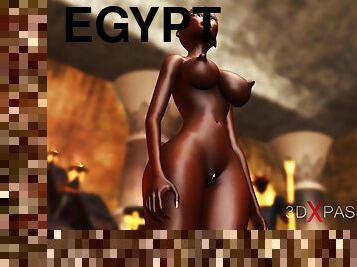 Ancient Egypt. Anubis plays with a hot black girl in the temple