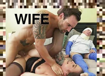 A young wife sucks doctor's cock in front of her ill hubby in hospital.
