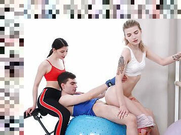 Erotic FFM threesome with Monroe Fox and Rin White in the gym