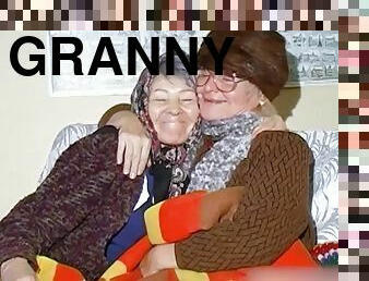 Granny lesbians playing with natural tits and masturbating hairy pussy with dildo