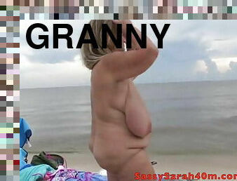 Granny with huge saggy tots on the beach