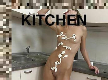 Kitchen pleasures with a glass dildo and cream - Gina Gerson