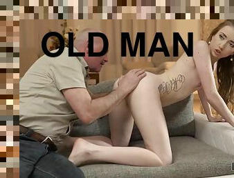 Lucky old man receives blowjob and fucks tight shaved pussy of Jessi