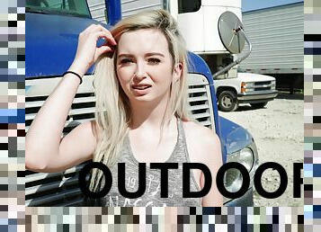 Blonde teen Lexi Lore sucks a fat cock on a truck stop and eats cum