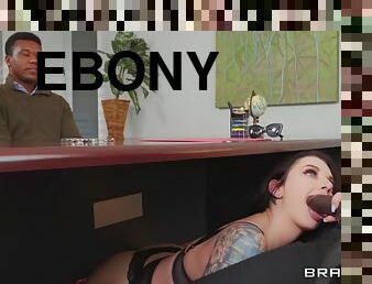 Ivy Lebelle blows massive ebony shlong under the table