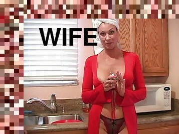 Horny Wife in thong sucks double cocks and fucked in the kitchen