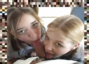 Cute schoolgirls in pigtails fucked on the bus