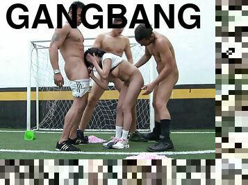 Soccer players strip naked with the cheerleader and gangbang her