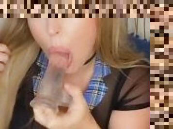 Pregnant Lactating Blonde School Girl Milks Tits, Rides Dildo and Squirts  In Mini Skirt & Stockings
