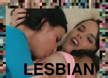 Adorable teen lesbians licking a mature l