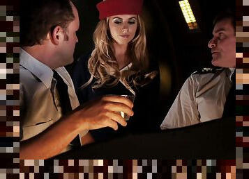 Slutty stewardess and the two pilots have a midair threesome