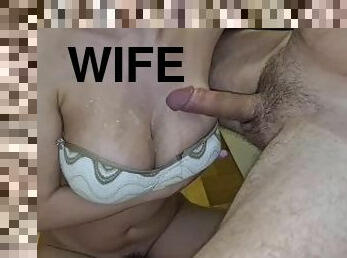 Huge cumshot on wife's tits