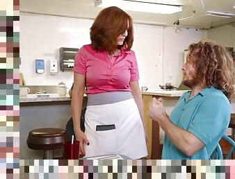 Busty redhead mature waitress flashes tits for a bigger tip