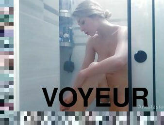 Watch her undress, shave in the shower, touch herself and enjoing her fantasy. Voyeurism.